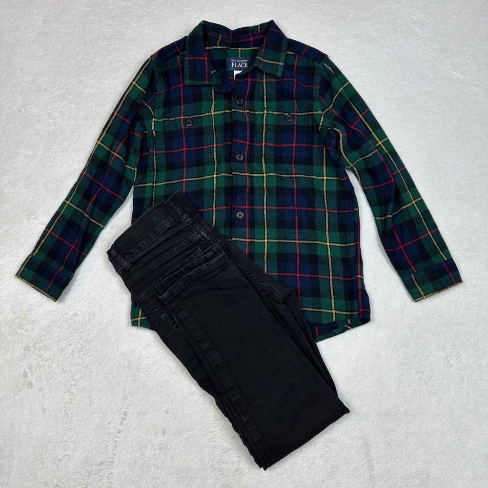 The Childrens Place Boys Plaid Flannel Shirt 5T and Black Skinny Jeans 6 Set